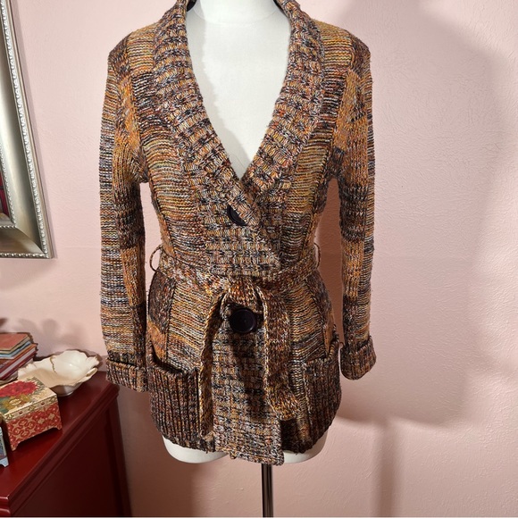 Vintage 60 70 Mod Patchwork Plaid Brown Burnt Orange Tie waist Cardigan Sweater - Picture 13 of 16